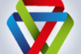 Colorful interwoven ribbon logo with red, blue, and green bands forming a triangular loop on a light gradient background.