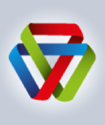Colorful interwoven ribbon logo with red, blue, and green bands forming a triangular loop on a light gradient background.
